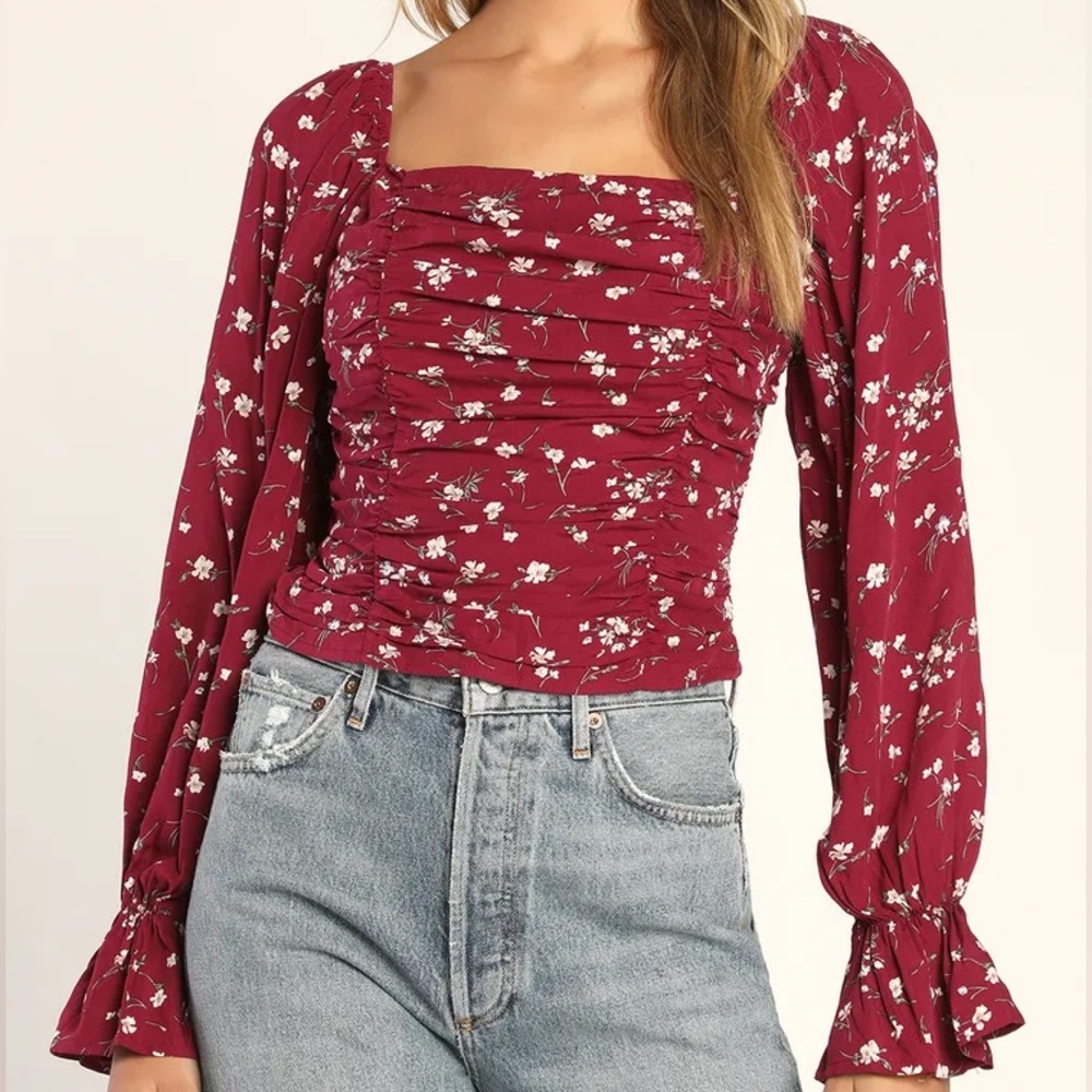 Lulus Fall for Flowers Burgundy Floral Print Ruched Long Sleeve Top